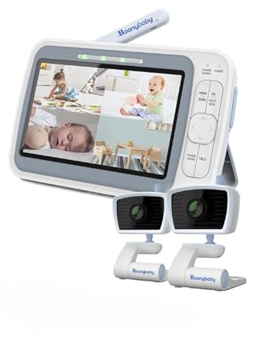 Moonybaby QuadView 40 Babyphone mit Reduktion der EMF und mit 2 Kameras, 20 Tage Batterielaufzeit, Geteilter Bildschirm 5" 720p HD, Reichweite 1.000 Fuß, Gegensprechfunktion, Große Reichweite