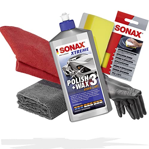 detailmate Handpolitur Set: SONAX Xtreme Polish + Wax 3, 500ml + Mikrofasertuch + Apllikationsschwamm + ultraflausch Poliertuch + Schutzhandschuhe