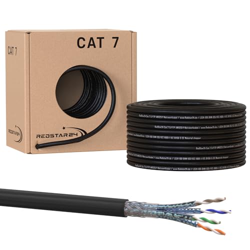 50m Cat7 Erdkabel Verlegekabel Outdoor Lan Kabel Installationskabel Schwarz AWG23/1 CAT 7 S/FTP Ethernet Netzwerk 1000MHz geschirmtes Datenkabel Netzwerkkabel für Außenbereich UV-beständig