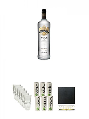 Smirnoff Vodka Black Label 1,0 Liter + Smirnoff Gläser 6 Stück + Moloko Softdrink 6 x 0,25 Liter + Schiefer Glasuntersetzer eckig ca. 9,5 cm Durchmesser