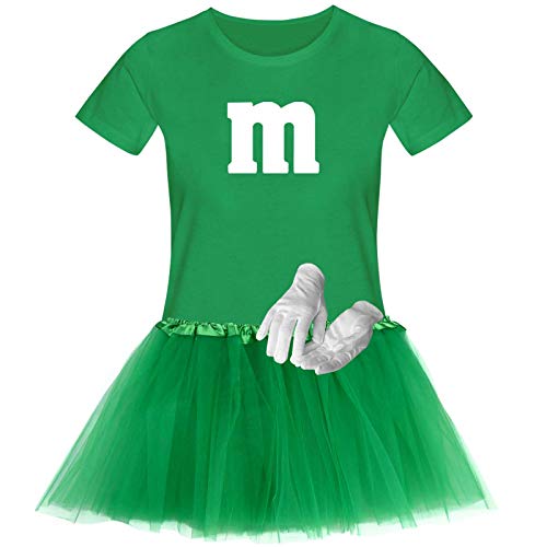 T-Shirt M&M + Tüllrock Karneval Gruppenkostüm Schokolinse 11 Farben Damen XS-3XL Fasching Verkleidung M's Fans Tanzgruppe, Gr.:S, Farbauswahl:grün - Logo Weiss (+Handschuhe Weiss/Tütü grün)
