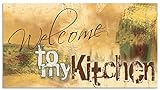 ARTland Spritzschutz Küche aus Alu für Herd Spüle 110x60 cm (BxH) Küchenrückwand mit Motiv Spruch Shabby Landhaus Kunst Willkommen Ocker H6ZJ