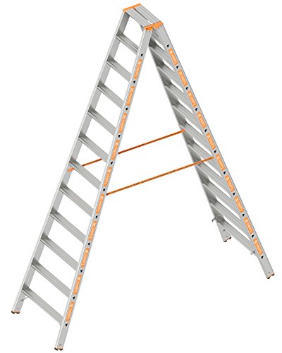 Layher 1043012 Stufenstehleiter Topic 12 Aluminiumleiter 2x12 Stufen 80 mm breit, beidseitig begehbar, klappbar, Länge 3.00 m