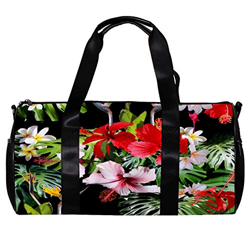 Runde Sporttasche mit abnehmbarem Schultergurt, roter Hibiskus und Blätter, Monstera-Palmblatt-Muster, Trainings-Handtasche für Damen und Herren