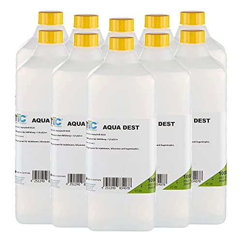 10x 1000 ml Aqua Dest destilliertes Wasser von Medicalcorner24®, unsteril, mikrofiltriert, Laborwasser