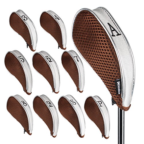 Andux Golfschlägerhauben aus Eisen, mit Reißverschluss, für Links- und Rechtshänder, 10 Stück/Set (Kaffeebraun/Grau)