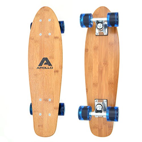 Apollo Wooden Fancy Skateboard, Vintage Cruiser Komplettboard mit und ohne LED Wheels, Größe: 22.5'' (57,15 cm), Farbe: Wood/Transpartent Blau