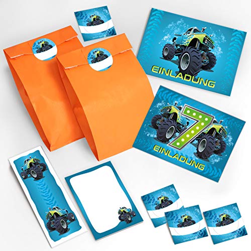 JuNa-Experten 12 Einladungskarten 7. Geburtstag Kinder Junge Jungs Monster-Truck / Auto incl. 12 Umschläge, 12 Tüten / orange, 12 Aufkleber, 12 Lesezeichen, 12 Notizblöcke