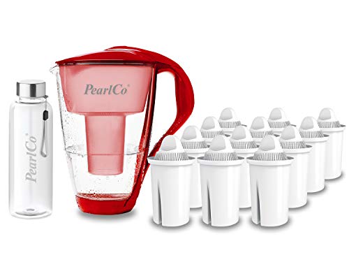 PearlCo - Glas-Wasserfilter (rot) mit 12 Universal classic Filterkartuschen + 1 Trinkflasche aus Glas