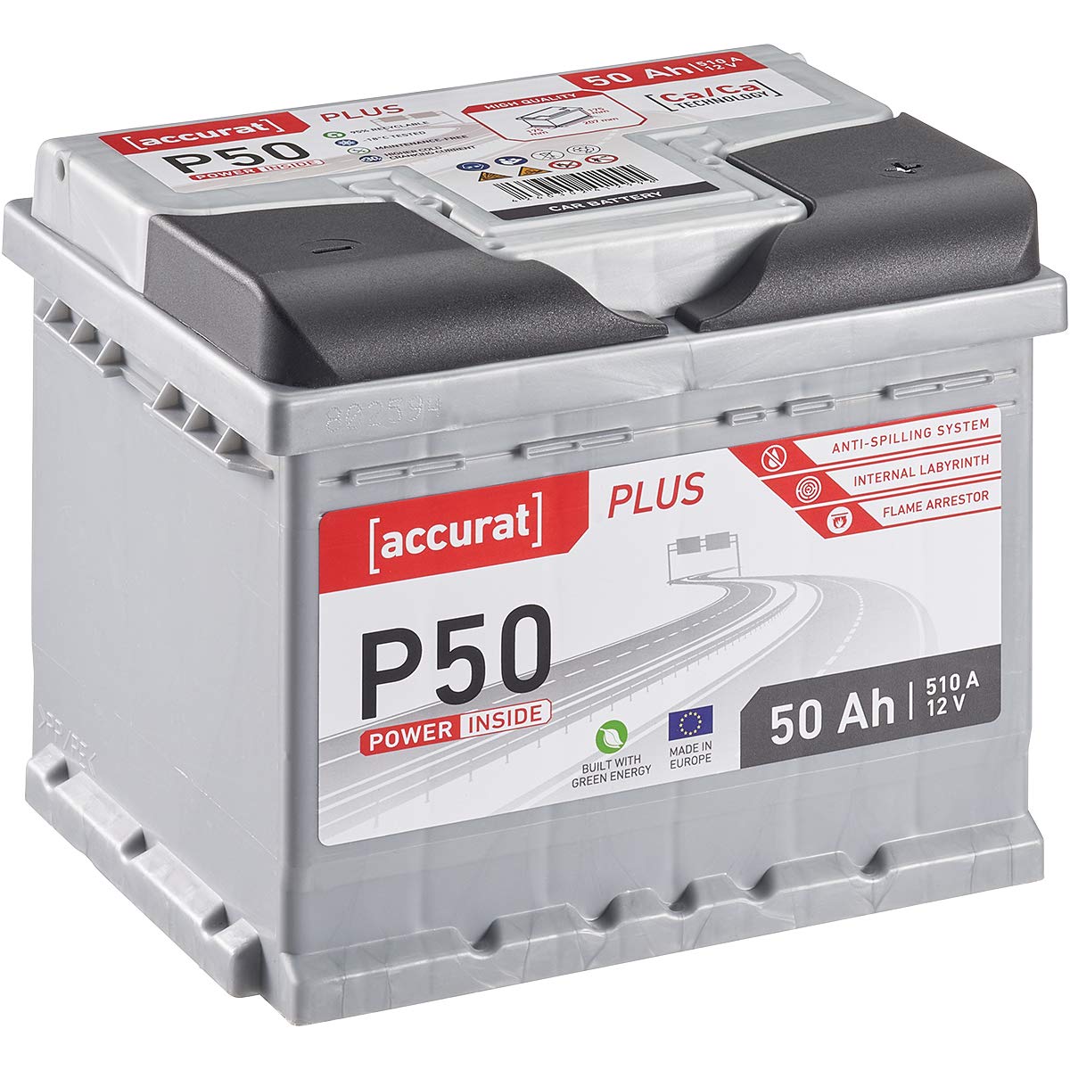 Accurat Plus P50 Autobatterie - 12V, 50Ah, 510A, zyklenfest, wartungsfrei, 35% mehr Startleistung, Ca-Technologie, Kaltstartkraft - Starterbatterie, Nassbatterie, Blei-Säure Batterie