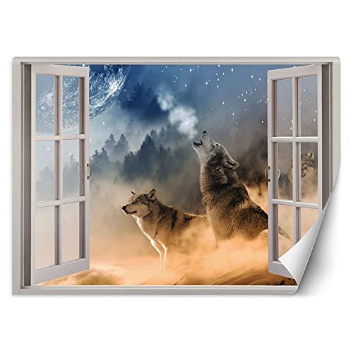 Feeby Wandtapete Fototapete Vlies Wolf Mond Nebel 140x100 cm Blau Modern Tapete Wohnzimmer Schlafzimmer Blick Aus Dem Fenster Illusion 3D