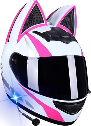 Mädchen Frauen Motorradhelm Katzenohr Bluetooth-Helm ECE-Zertifizierter Vollgesichts-Integralhelm Vier-Jahreszeiten-Klapphelme Mit Visier Für Streetbike-Motocross-ATV 4,S=55-56cm