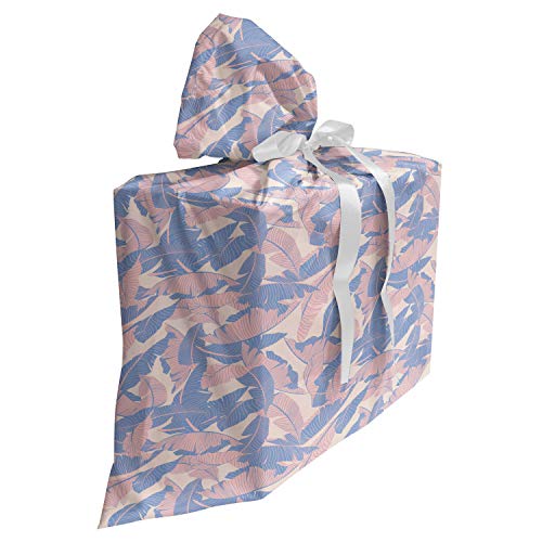 ABAKUHAUS Tropisch Baby Shower Geschänksverpackung aus Stoff, Palm Blätter weiche Töne, 3x Bändern Wiederbenutzbar, 70 x 80 cm, Pale Pink-Blau-Creme