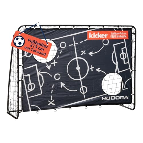 HUDORA Kinder & Erwachsene Fußballtor Trainer Edition, Matchplan | Fußball-Tor Garten mit Torwand im exklusiven Kicker Design, schwarz, 213 x 152 x 76 cm