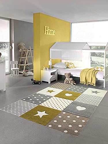 Teppich-Traum Kinderzimmer Teppich Spiel & Baby Teppich Herz Stern Punkte Design in Gold Creme Weiß Grau Größe 80x150 cm