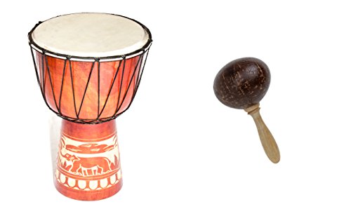 40cm Große Djembe Trommel Bongo Drum Elefant Holz + Kokos Rassel Maraca R2