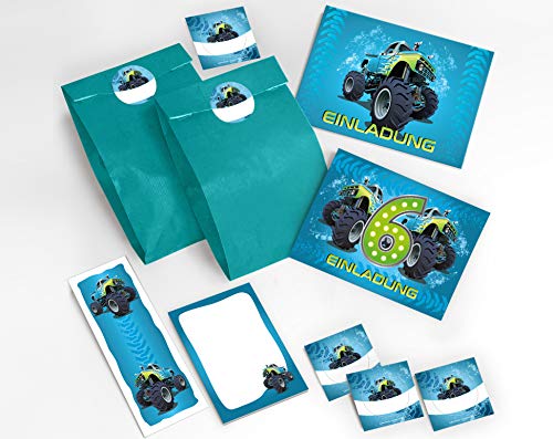 JuNa-Experten 12 Einladungskarten 6. Geburtstag Kinder Junge Jungs Monster-Truck / Auto incl. 12 Umschläge, 12 Tüten / blau, 12 Aufkleber, 12 Lesezeichen, 12 Notizblöcke