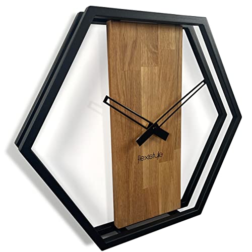 Wanduhr groß Hexagon Holz Eiche LOFT schwarz Industrial modern 50cm Durchmesser ohne Ticken