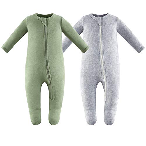 Owlivia Baby Schlafstrampler aus Bio Baumwolle, für Mädchen und Jungen, Langarm, mit Fußen (Grün & Grau, 0 Monate)