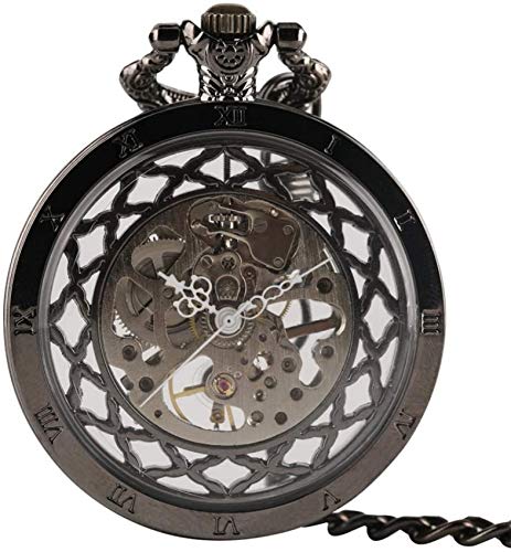 SteamStyle Glas Transparent Handaufzug Mechanische Taschenuhr mit Kette Schwarz/Gold Hohles Design Herrenuhren Uhr Geschenke Taschenuhr Geschenke für Familie (Schwarz)