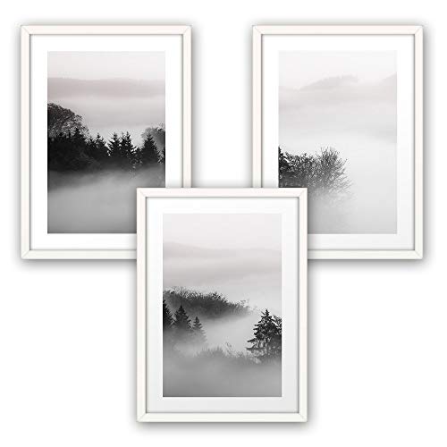 3-teiliges Premium Poster-Set | Kunstdruck | Wald und Nebel | Deko Bild für Ihre Wand | optional mit Rahmen | Wohnzimmer Schlafzimmer Modern Fine Art | DIN A4 / A3 (A3, weißer Rahmen)