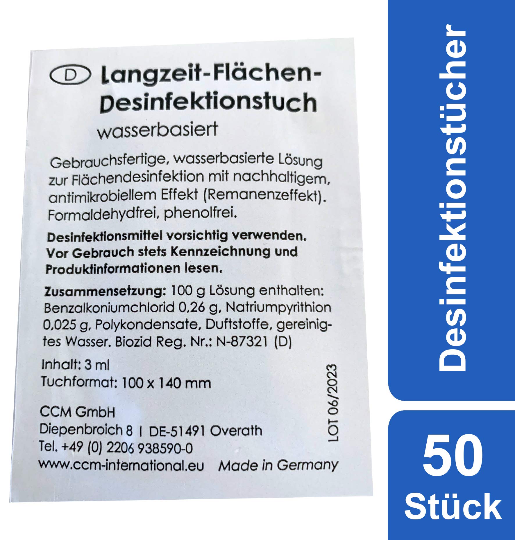 CCM Flächen-Desinfektionstücher mit Langzeitwirkung - Desinfektionsmittel gegen Viren, Bakterien & Pilze, 50 Stück