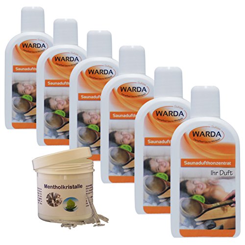 Saunaaufguss-Set 6 x 200 ml Warda Saunaduftkonzentrat (freie Duftwahl) plus 50 g REKO Mentholkristalle pharmazeutisch geprüft nach (PH.EUR.7)