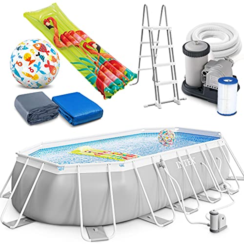 Intex Prism Frame Oval Swimming Pool 503 x 274 x 122 cm Schwimmbecken 26796 Komplett-Set mit Leiter & Pumpe sowie Extra-Zubehör wie: Strandball und Luftmatratze