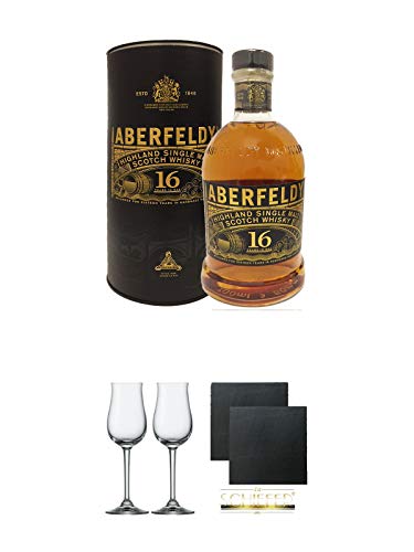 Aberfeldy 16 Jahre neue Ausstattung Single Malt Whisky 0,7 Liter + Stölzle Nosingglas für Destillate 2 Gläser - 2050030 + Schiefer Glasuntersetzer eckig ca. 9,5 cm Ø 2 Stück
