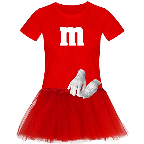 T-Shirt M&M + Tüllrock Karneval Gruppenkostüm Schokolinse 11 Farben Damen XS-3XL Fasching Verkleidung M's Fans Tanzgruppe, Gr.:3XL, Farbauswahl:rot - Logo Weiss (+Handschuhe Weiss/Tütü rot)