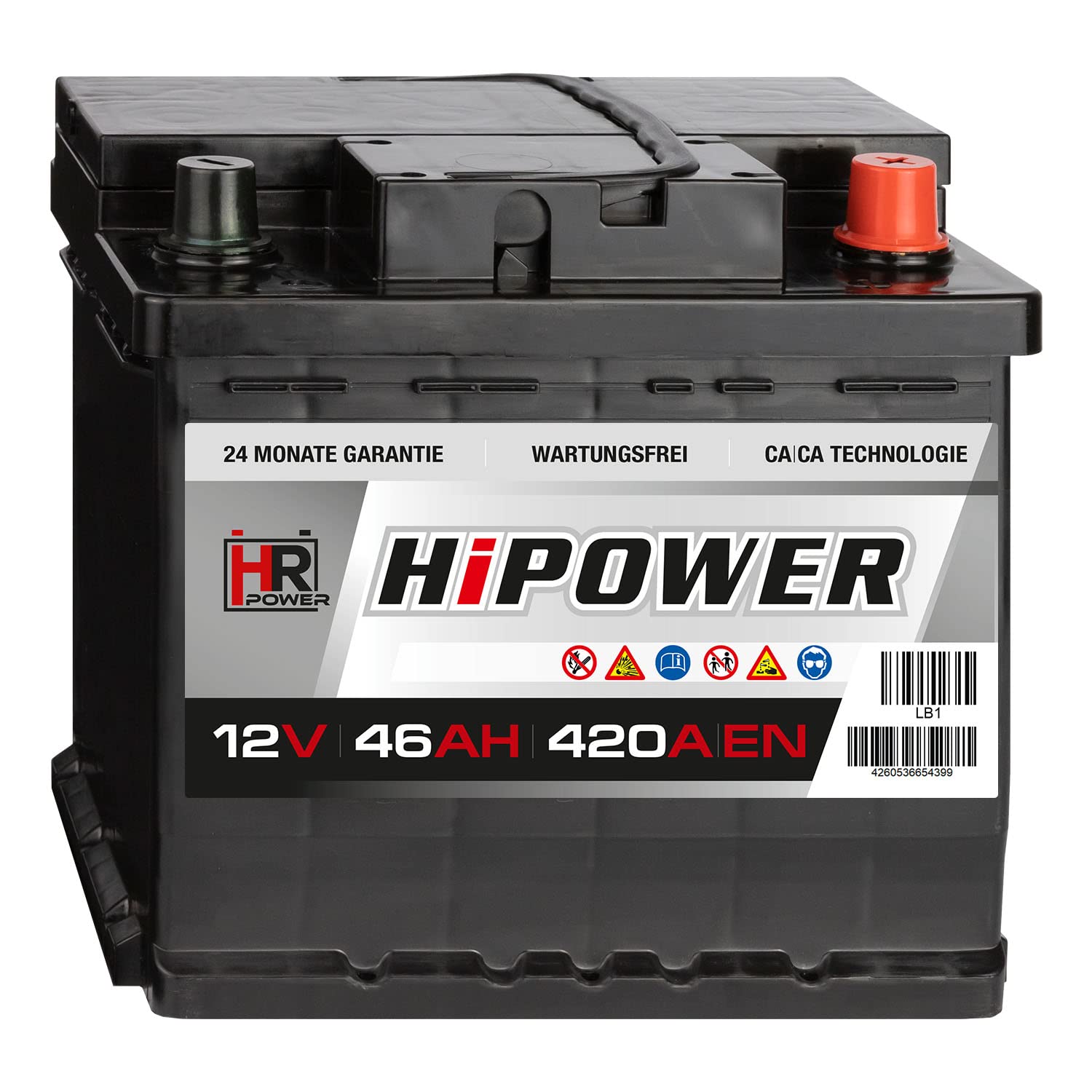 HR HiPower Autobatterie 12V 46Ah 380A/EN Starterbatterie ersetzt 36Ah 40Ah 42Ah 43Ah 44Ah 45Ah 48Ah 50Ah
