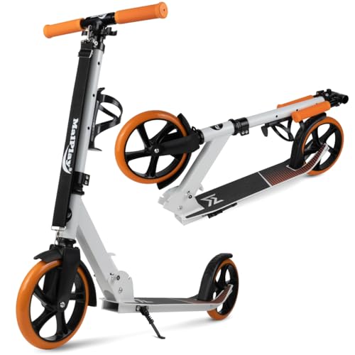 MalPlay Großer Cityroller mit Tragegurt, Bremsen und Flaschenhalter, 200 mm Räder, Roller für Kinder und Erwachsene bis 100kg, klappbar Tretroller, Orange