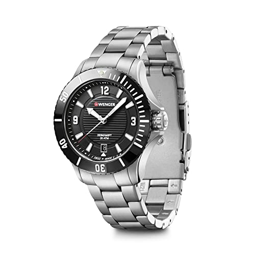 Wenger Seaforce Small - 35 mm, schwarzes Zifferblatt, Stahlarmband Uhr für Herren