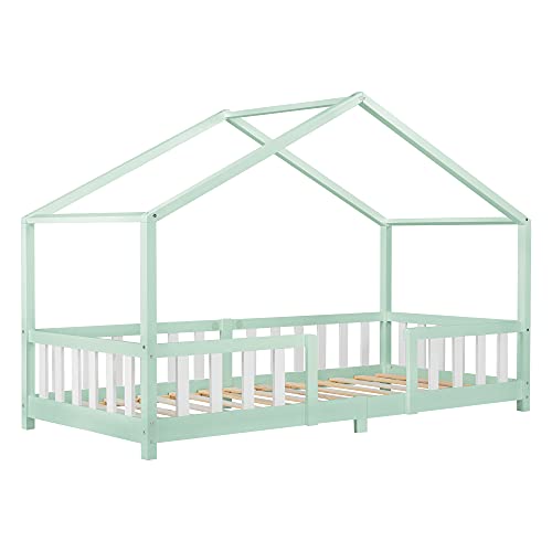 Kinderbett Treviolo mit Rausfallschutz 90x200cm Hausbett mit Lattenrost und Gitter Bettenhaus aus Holz Spielbett Mint/Weiß