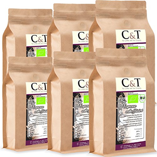 C&T Bio Espresso Crema | Cafe entkoffeiniert 100% Arabica 6x1000 g ganze Bohnen (inklusive gratis Kaffeesack) Sparpack im Kraftpapierbeutel