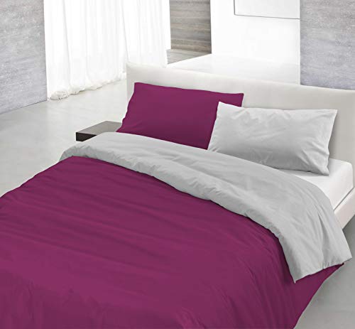 Italian Bed Linen Natural Color Doubleface Bettbezug, 100% Baumwolle, Fuchsia/hell Grau, Einzelne