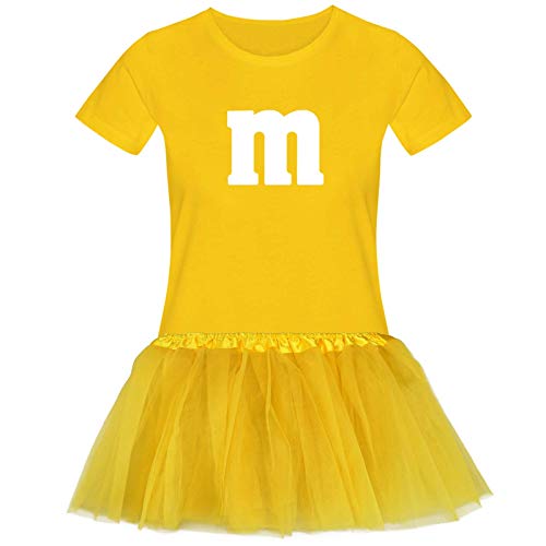 T-Shirt M&M + Tüllrock Karneval Gruppenkostüm Schokolinse 11 Farben Damen XS-3XL Fasching Verkleidung M's Fans Tanzgruppe, Größenauswahl:XL, Farbauswahl:gelb - Logo Weiss (+Tütü gelb)