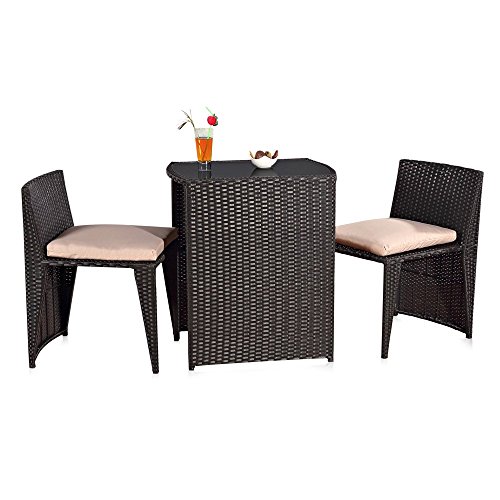 Melko Gartenmöbel Set aus Rattan – Sitzgruppe für den Garten, bestehend aus Tisch und Zwei Stühlen, zusammenschiebbar, schnell verstaut, platzsparend, wetterfest