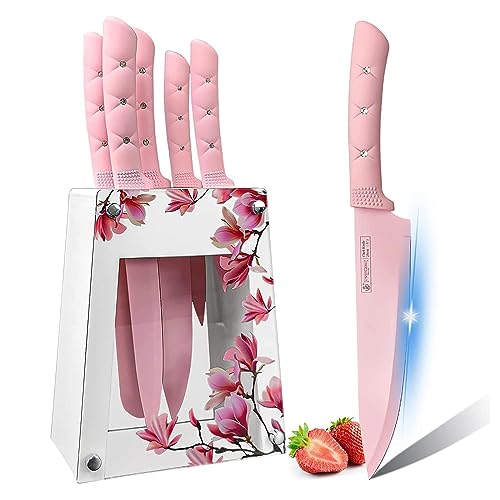 Messerblock mit Messer, Pinke Blume 6-teiliges scharfes Kochmesser-Set aus Edelstahl mit Acrylständer, rutschfestes Kochmesser-Set mit Block, bunte Antihaftbeschichtung, Geschenk für Mädchen (Rosa)