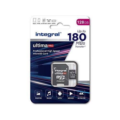 Speicherkarte 128 GB microSDxC UltimaPro, sehr hohe Geschwindigkeit bis zu 180 MB/s Lesen, 130 MB/s Schreiben, Klasse 10, V30, UHS1, U3, A2, SD-Adapter, by Integral Memory