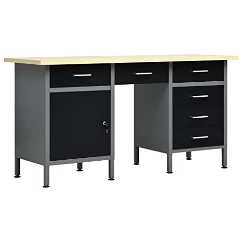 vidaXL Arbeitstisch mit 6 Schubladen 1 Schrank Höhenverstellbare Füße Werkstatt Werkbank Werktisch Packtisch Schwarz 160x60x85cm Stahl