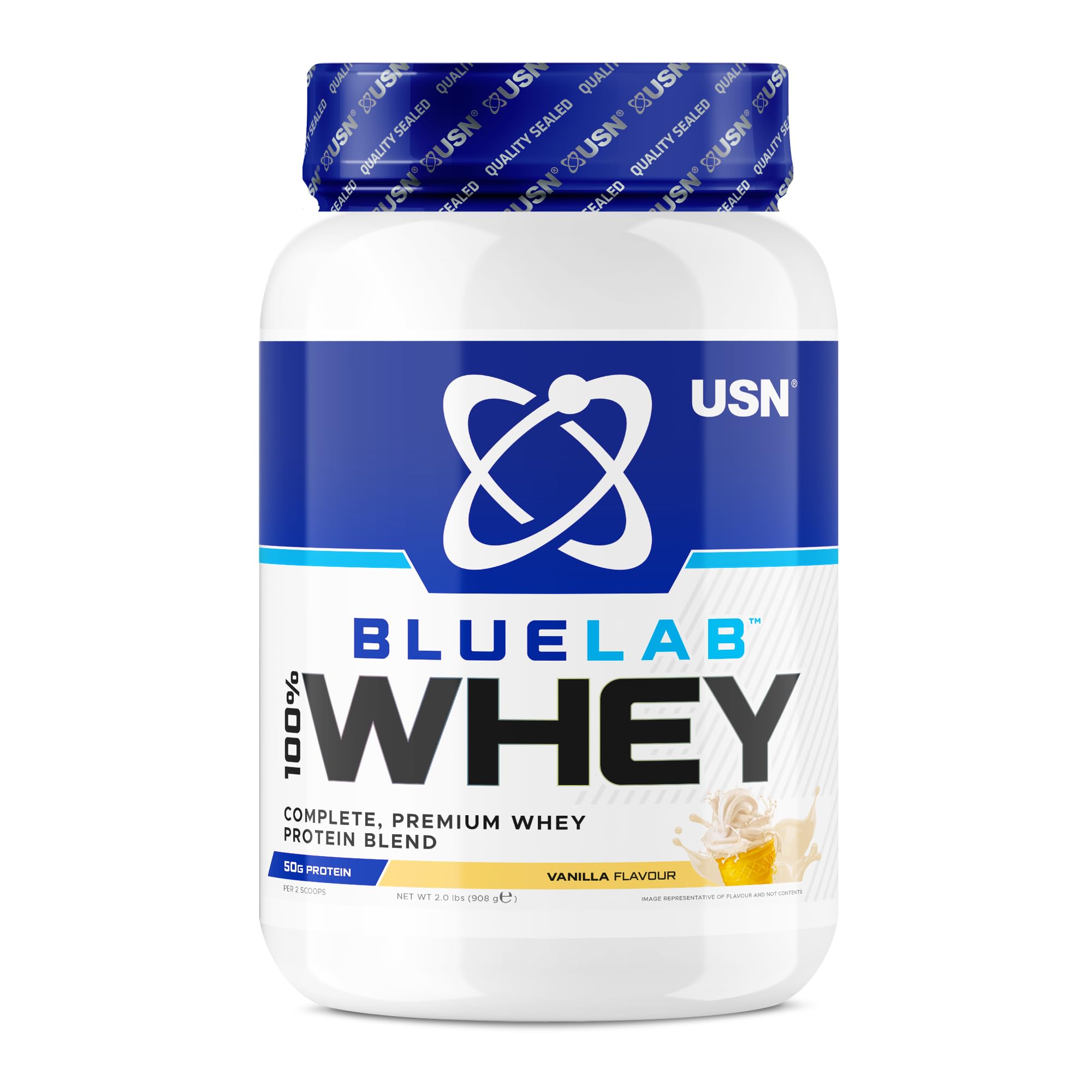 USN Blue Lab Whey Protein, Premium Molkenproteinpulver, wissenschaftlich entwickeltes Post-Workout Muskelaufbau Protein Pulver mit BCAAs, Vanille, 908 g