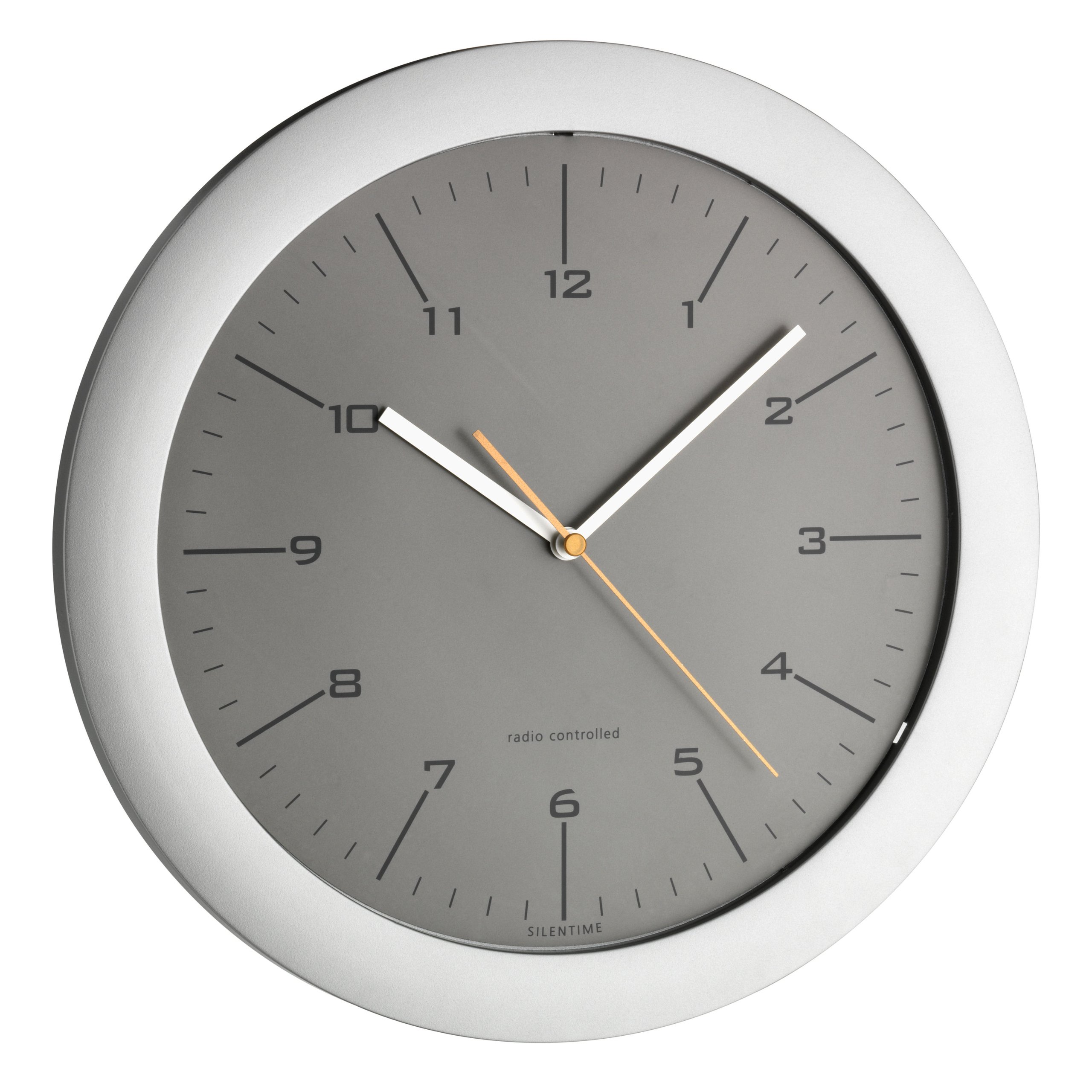 TFA Dostmann Design Funk Wanduhr, 60.3512.10, leises Uhrwerk, mit orangen Sekundenzeiger, ideals als Küchenuhr/Bürouhr, silber/grau