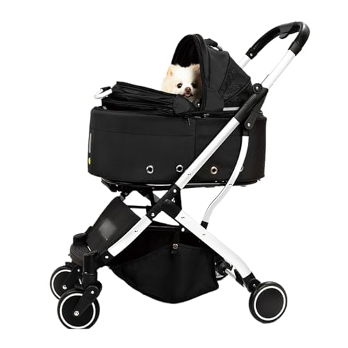 Kinderwagen für Katzen/Hunde mit Abnehmbarem Gepäckträger Katzenkinderwagen mit Aufbewahrungskorb, Ideal für Reisen und Spaziergänge mit Haustieren (Color : Black)