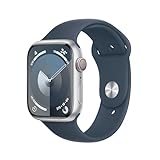 Apple Watch Series 9 (GPS + Cellular, 45 mm) Smartwatch mit Aluminiumgehäuse in Silber und Sportarmband M/L in Sturmblau. Fitnesstracker, Blutsauerstoff und EKG Apps, Always-On Retina Display
