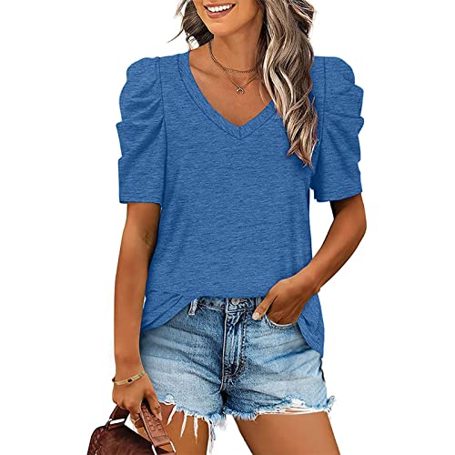 EBTOOLS Damen Casual Kurzarm, Damen-Freizeitbluse mit V-Ausschnitt, Kurzarm-Shirt für Damen mit Puffärmeln, Damen-Freizeitoberteil, Weich und Bequem(XL-Blau)