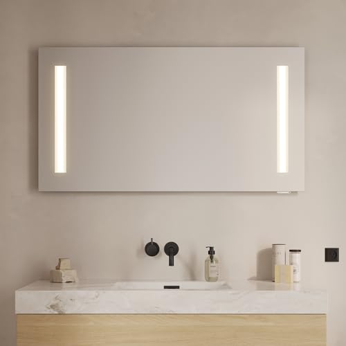 Loevschall Badspiegel Mit Steckdose Und Licht | Quadratischer Badspiegel Mit Beleuchtung 120x65 cm | Led Spiegel Mit Zwei Led-Streifen | Badezimmer Wandspiegel Mit Beleuchtung