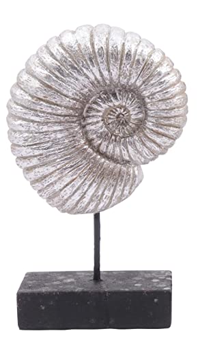 individuelles Deko-Objekt Ammonit Muschel Schnecke silberfarbig auf schwarzem Holzfuß