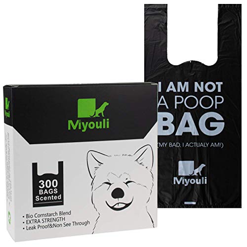 Miyouli 300 Stück extra dicke schwarze biologisch abbaubare Kotbeutel mit Griffen für Hunde mit Meereswindduft