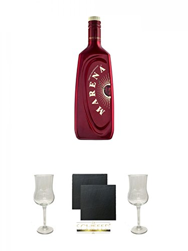 Marzadro Liquore Marena - Wein Basis Likör 0,7 Liter + Marzadro Grappa Gläser mit Eichstrich 2cl und 4cl 1 Stück + Schiefer Glasuntersetzer eckig ca. 9,5 cm Ø 2 Stück + Marzadro Grappa Gläser mit Eichstrich 2cl und 4cl 1 Stück
